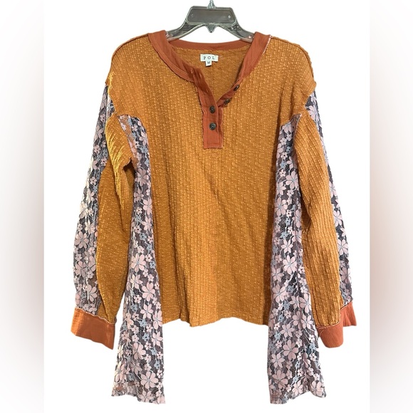 POL Tops - POL Mustard and Floral Sleeve Blouse